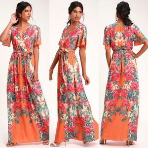 NWT Lulu’s Paradise Orange Floral Print Maxi Dress SMALL
